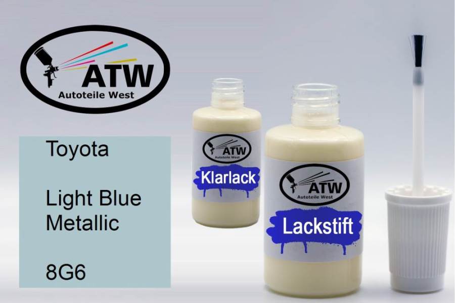 Toyota, Light Blue Metallic, 8G6: 20ml Lackstift + 20ml Klarlack - Set, von ATW Autoteile West.